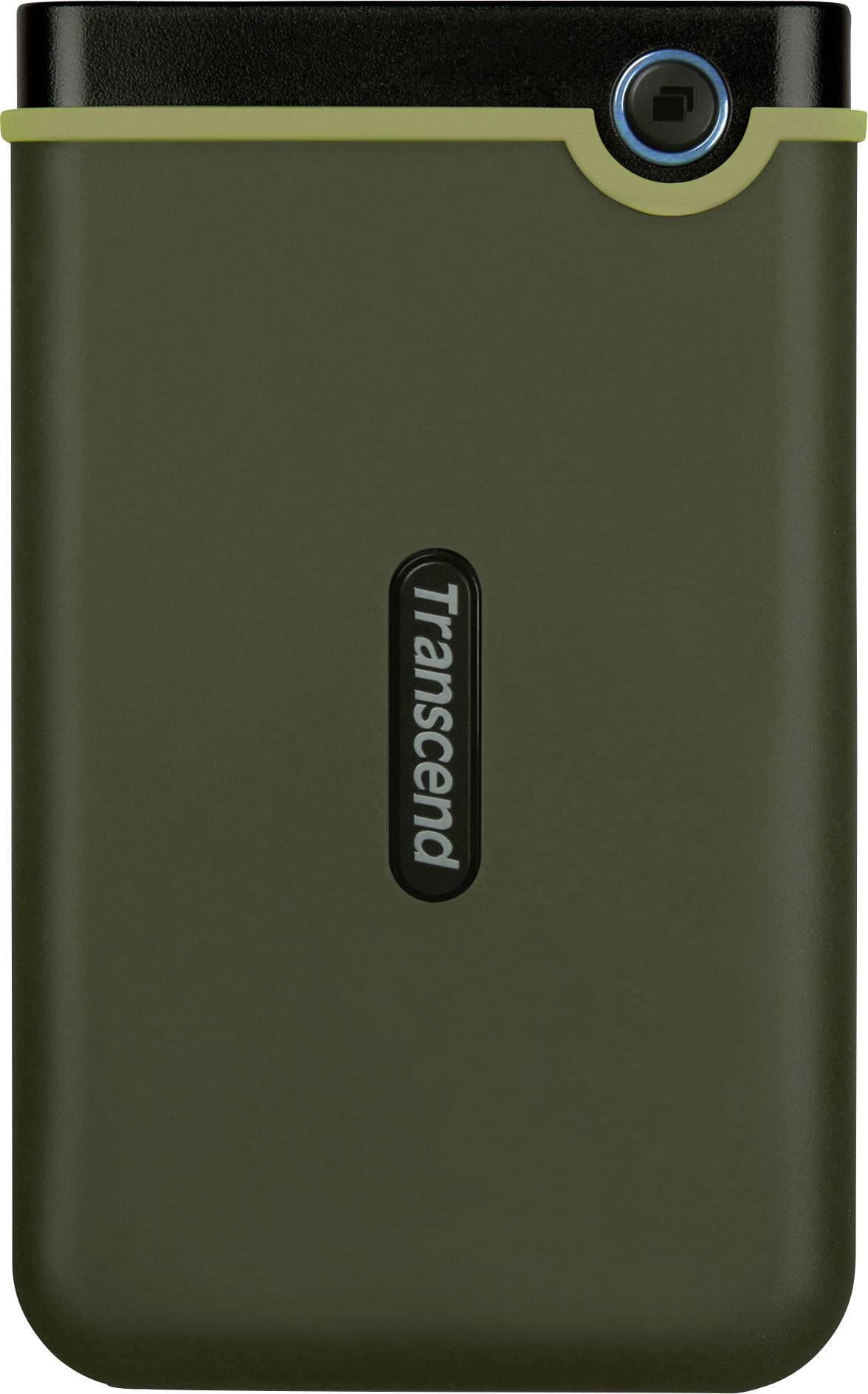 External, portable hard drive in a green casing with "Transcend" logo, black top surface and blue circle around a connection port.
