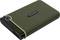 External hard drive by Transcend in olive green. It features a USB port and a robust casing for additional protection.