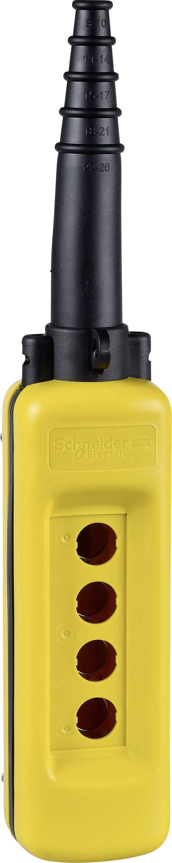 A yellow hand-operated control device with four red buttons and a black handle, typically used for machine control.