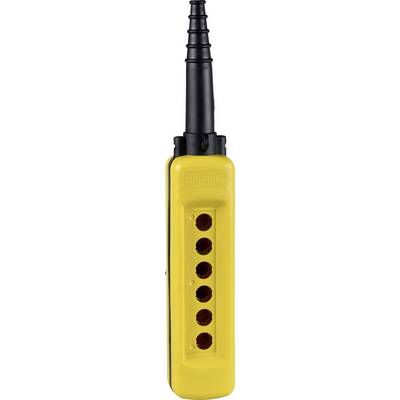 A yellow remote control with five round black buttons, suitable for industrial use.
