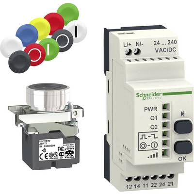 A modular control system with multiple spare parts, including coloured buttons, a switch module, and a control unit.