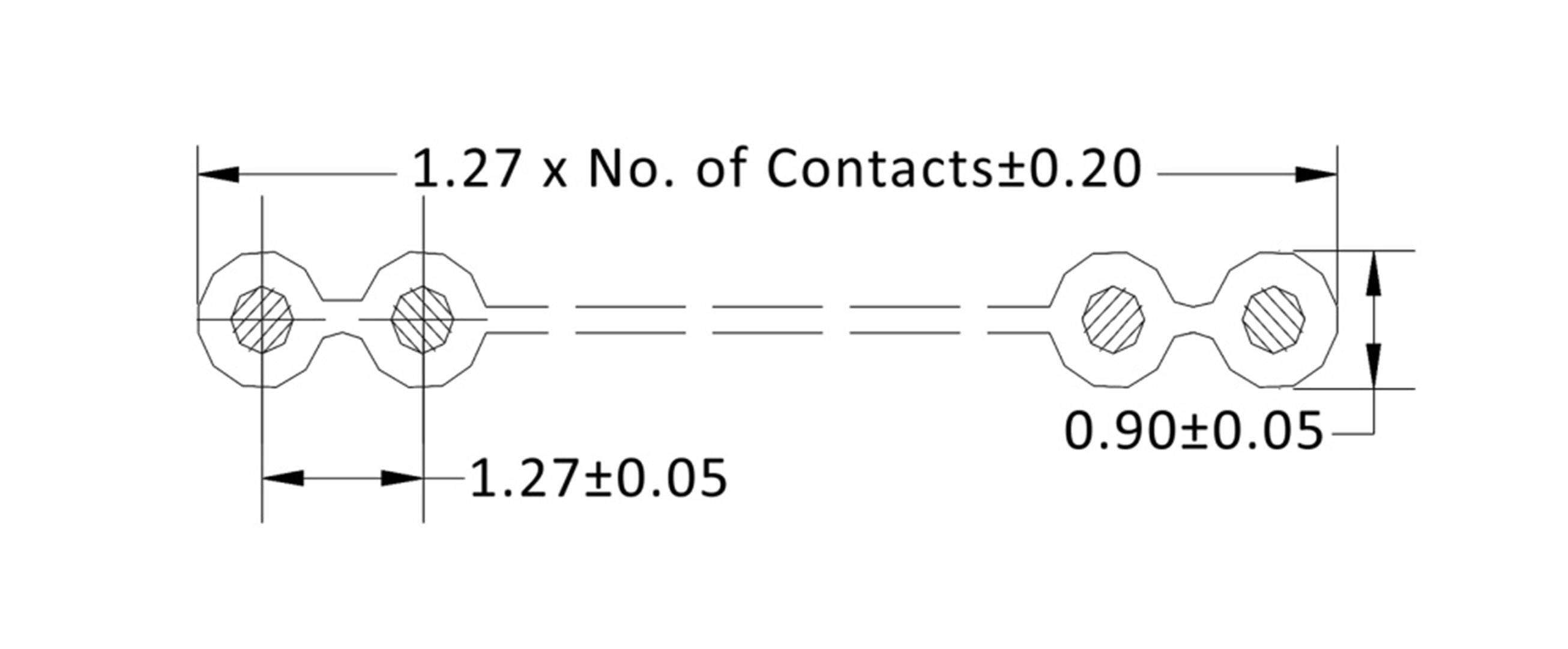 Technical drawing of an electrical connector with two contact points, dimensions specified in millimetres.