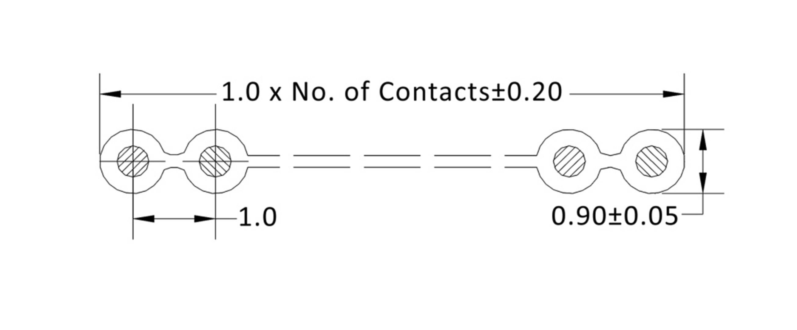 Technical drawing of a connector with dimensions: contact spacing 1.0 mm, width 0.9±0.05 mm, length dependent on the number of contacts.