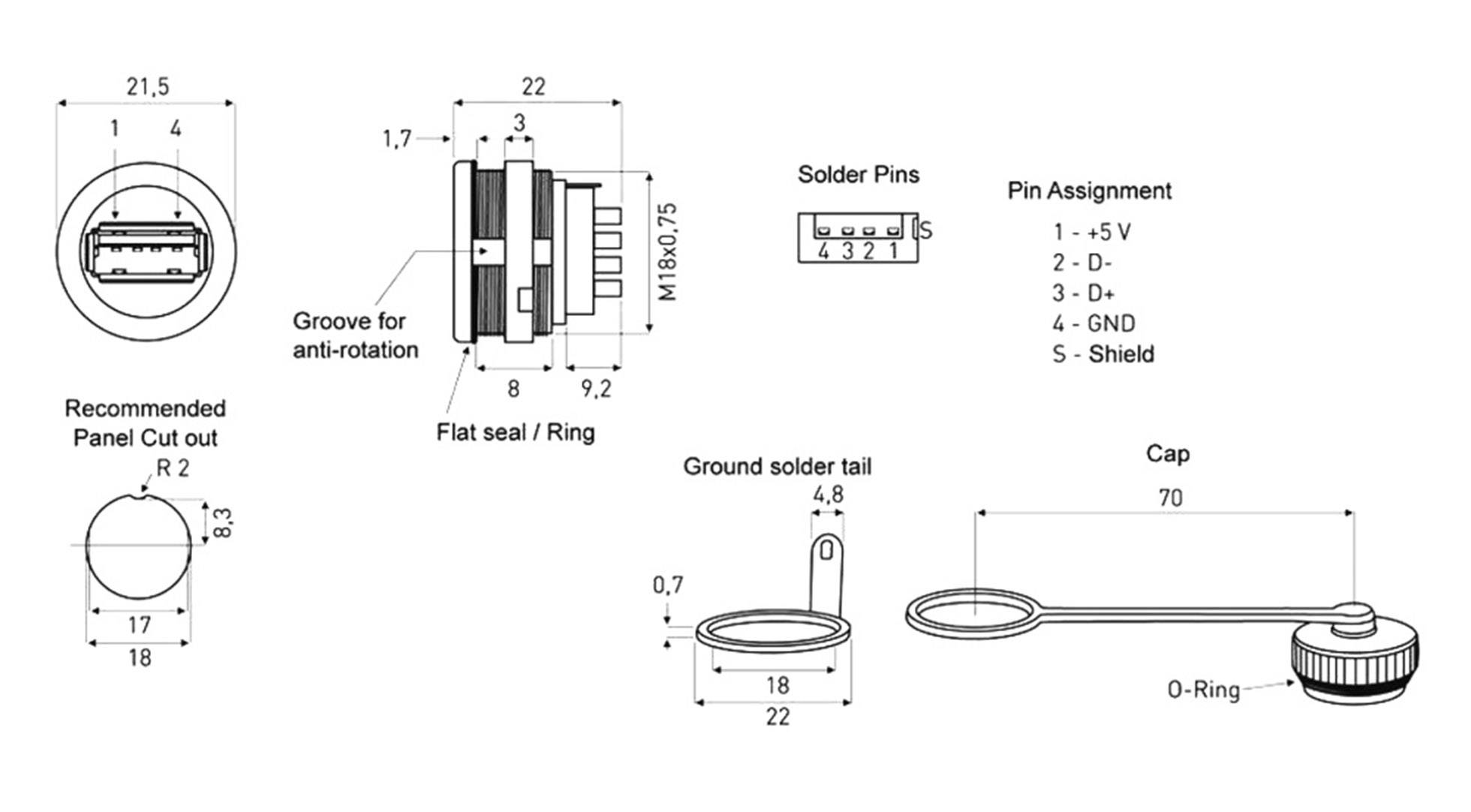 'Technical Drawing of a Connector' with front view, side view, pin configuration (5 pins), soldering pin description and recommended cut-out.