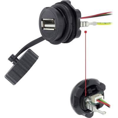 USB socket with a detachable cable. Arrow points to wiring and connector interfaces. Main function: connection with devices.