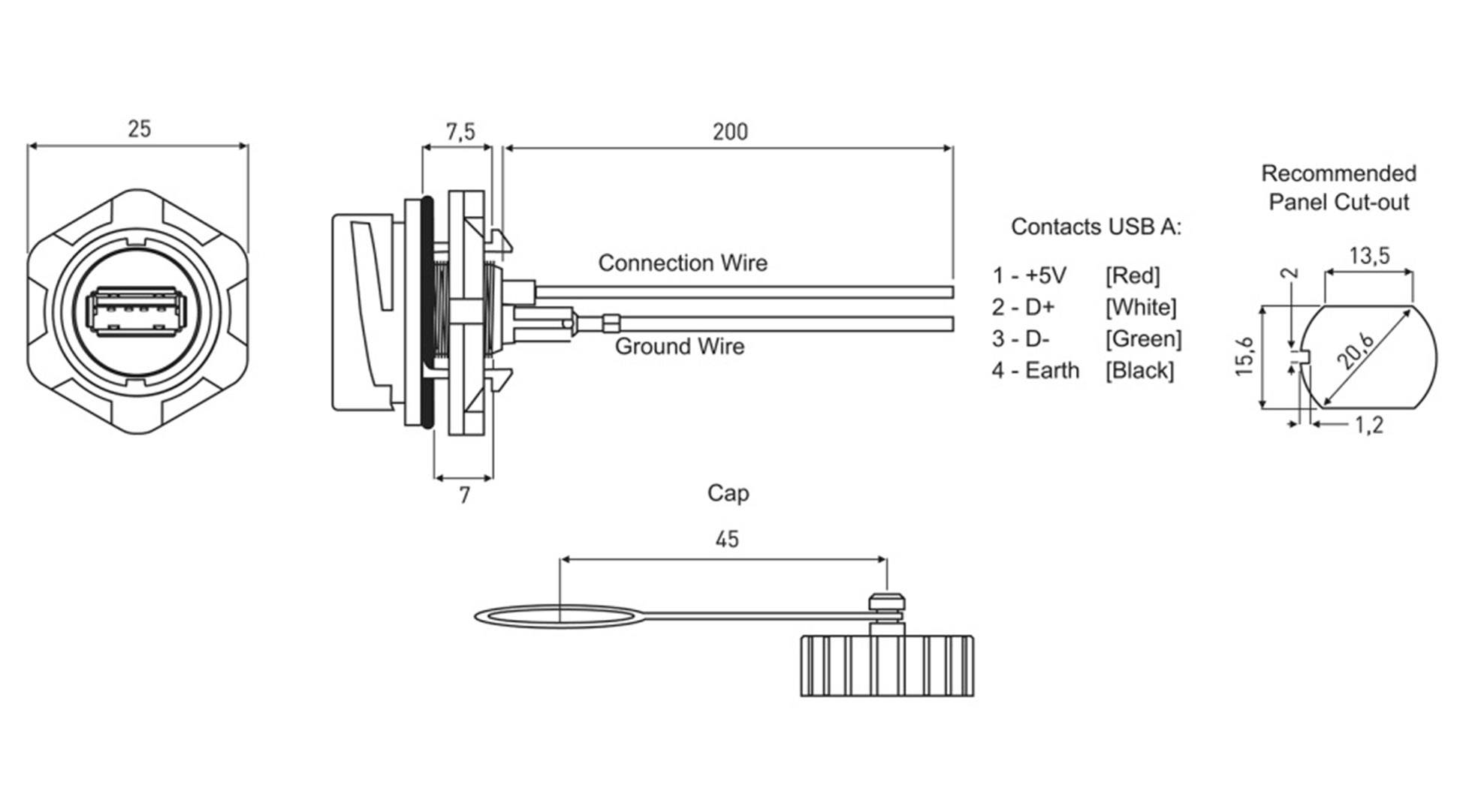 Technical Drawing of a USB-A Port with Dimensions. Shows Contact Points with Colours and Recommended Panel Cut-out.