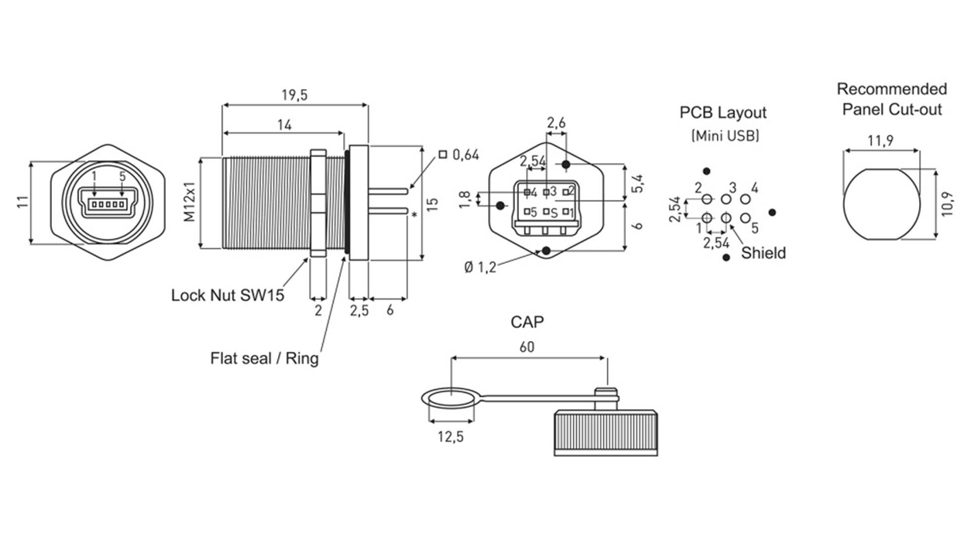 'Technical drawing of an M12 connector with dimensions, locking nut, cap and PCB layout for mini-USB connection.'