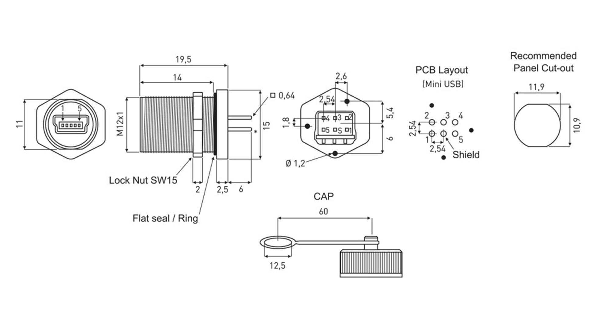 Technical drawing of a Mini-USB connector with dimensions, printed circuit board pin layout, and recommended cut-out for mounting.