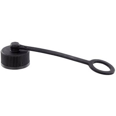 Black, ribbed plastic lid with permanently attached safety lanyard and large ring, commonly used for water containers or jerrycans.