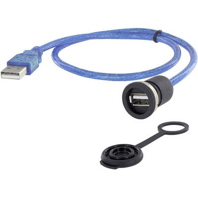 A blue USB cable with a USB-A plug and a black flush-mount socket is shown. A protective cap is lying beside it.