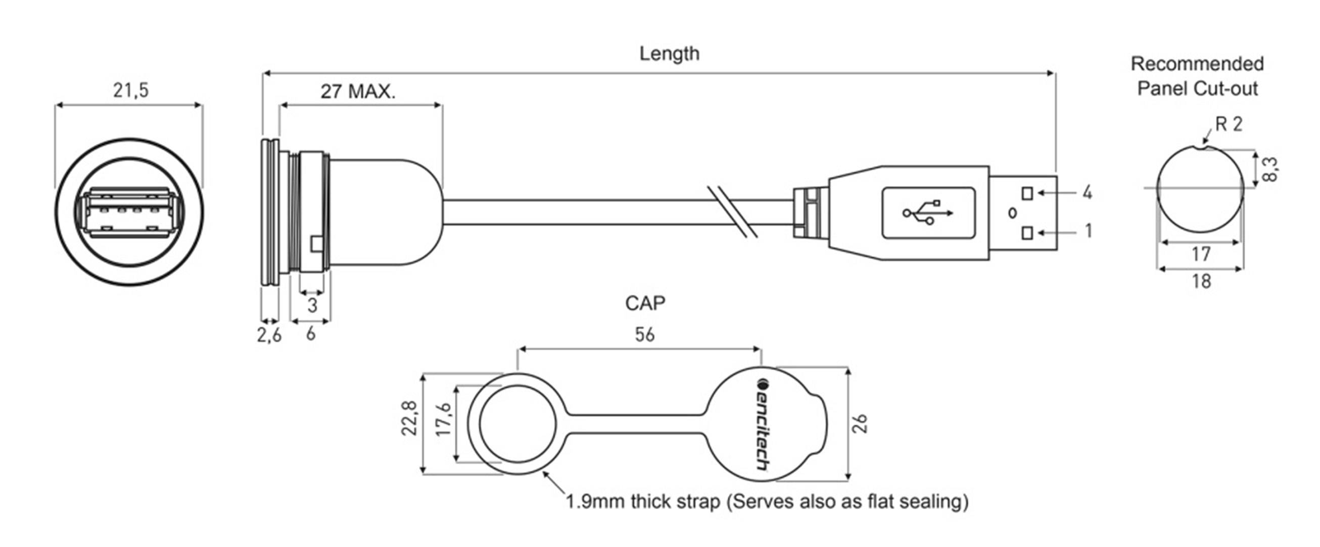 USB 2.0 type A RJ45 socket, mount M16 1310-1002-04 encitech Content: 1 pc(s)-1