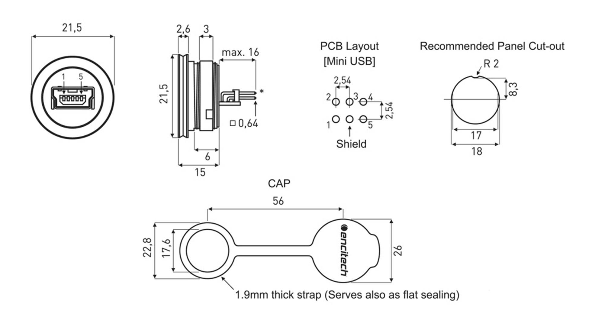 'Technical Drawing: Mini USB PCB Layout and Recommended Board Cut-out. Dimensions shown in mm. Cover with 1.9 mm thick tape.'