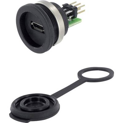 A black Mini-USB port with a cover and connection pins, suitable for electronic devices or cabling solutions.