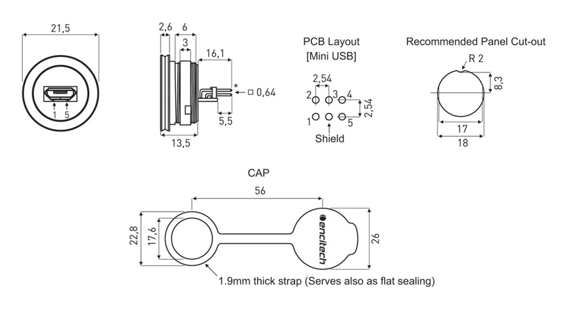 'Recommended panel cutout, mini-USB PCB layout and cap drawing with dimensions.'