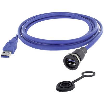 A blue USB extension cable with a plug on one side and a socket with a cover on the other side.