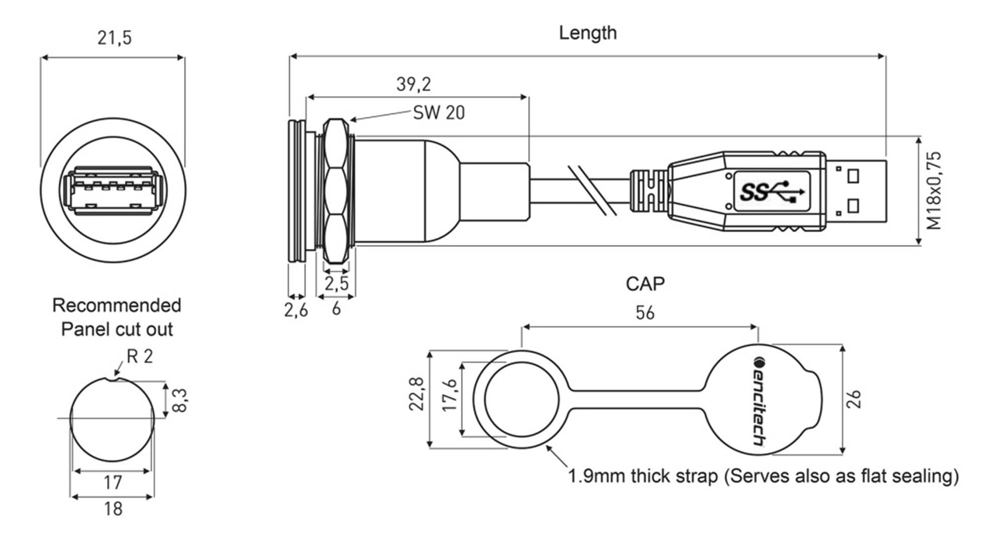 Technical drawing of a USB plug with dimensions. Left: Front view. Right: Side view with length specifications and cap.