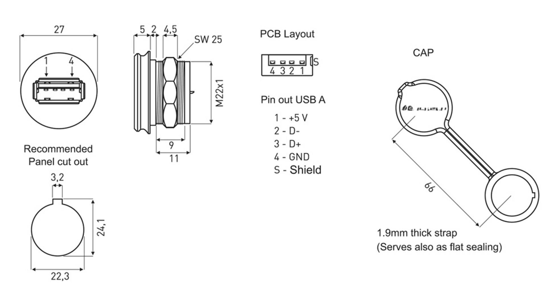 'Diagram of a USB-A connector with recommended cutouts' shows dimensions, pin assignment (1 to 5V, 2-D+, 3-D-, 4-GND, 5-shielding) and cap design with strap.
