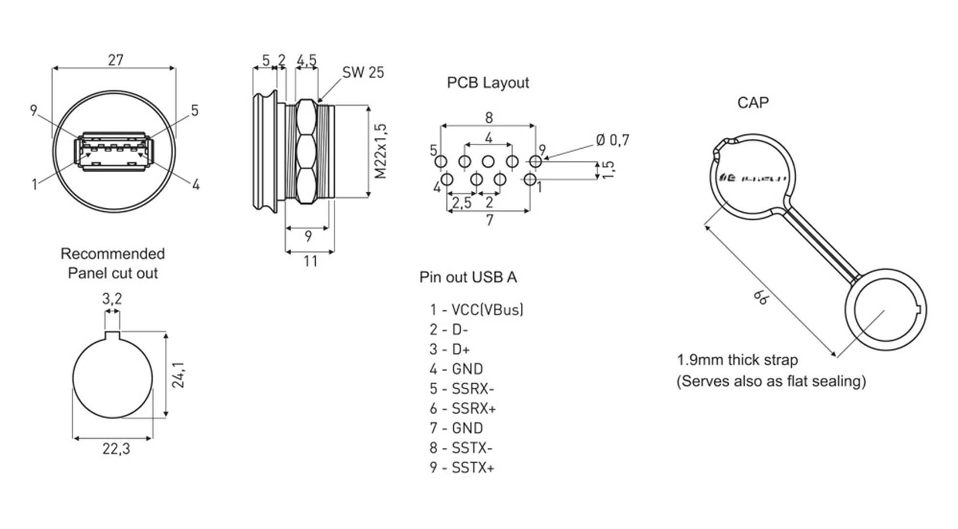Technical Drawing of a USB-A Socket with Pin Configuration and Dimensions, including Printed Circuit Board Layout and Connector Cap Details.