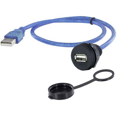 A blue USB cable with a male and female USB connection.