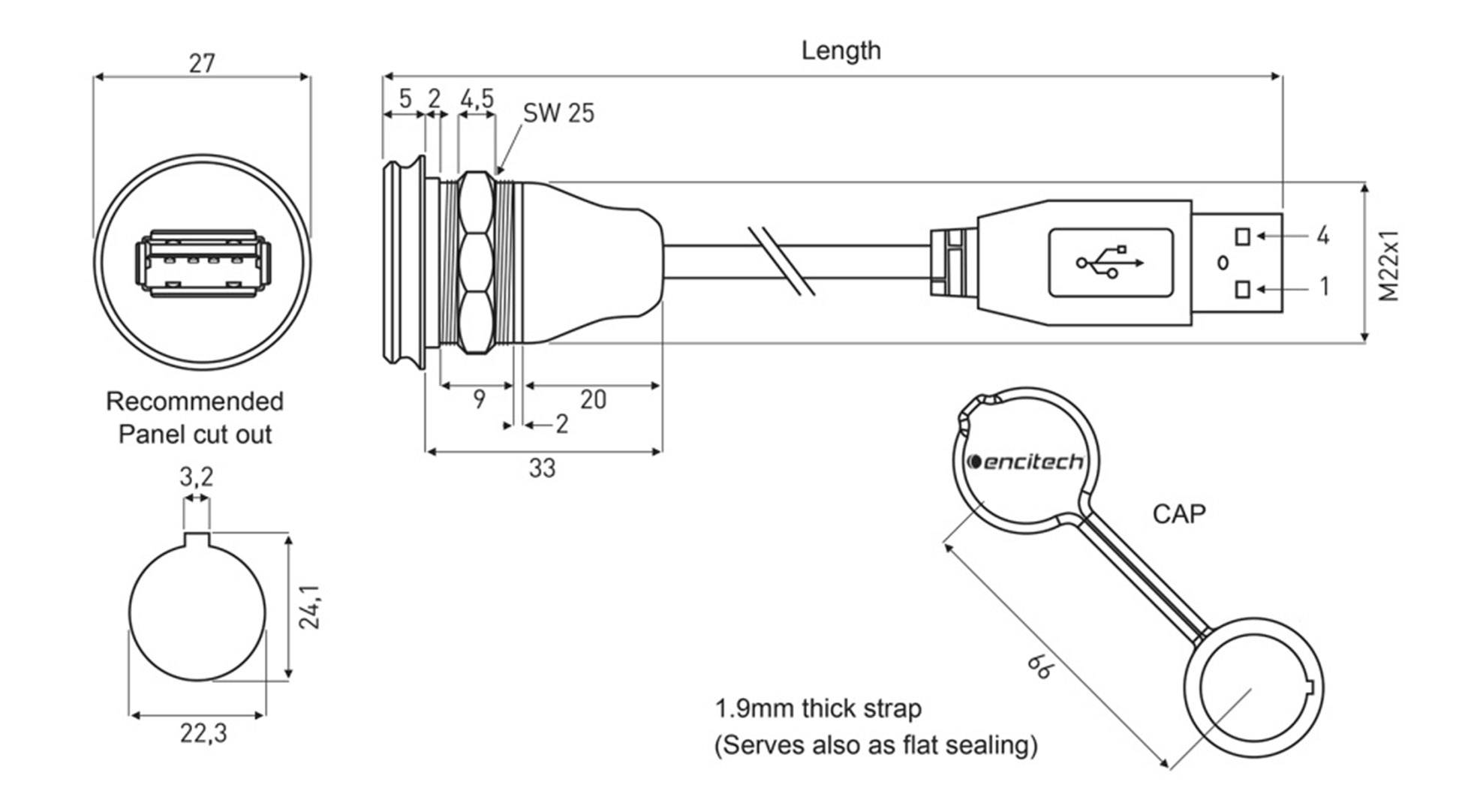Technical drawing of a USB connection with cap, dimensions in mm, recommended cutout, and securing lanyard. Brand name visible.