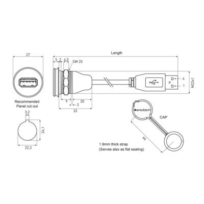 Technical drawing of a USB connection with cap, dimensions in mm, recommended cutout, and securing lanyard. Brand name visible.
