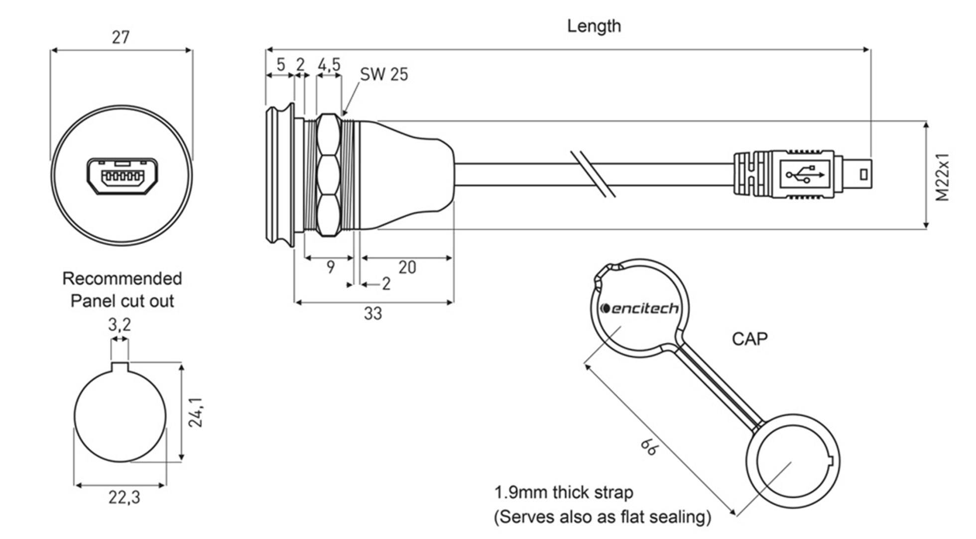 Technical drawing of a USB cable with dimensions and end cap, including length specifications and connection details.