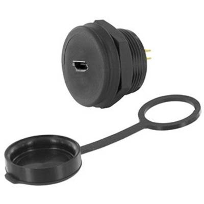 Round, black USB port with protective cover. Port faces forward, cover is attached to a ring and can be removed.