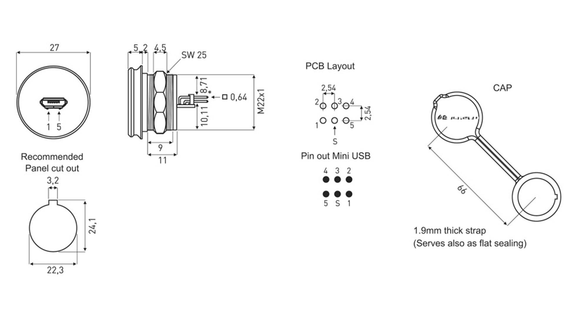 'Diagram of a Mini-USB Connector with Dimensions and PCB Layout. Shows Connector Details, Socket Size and Cover Cap.'