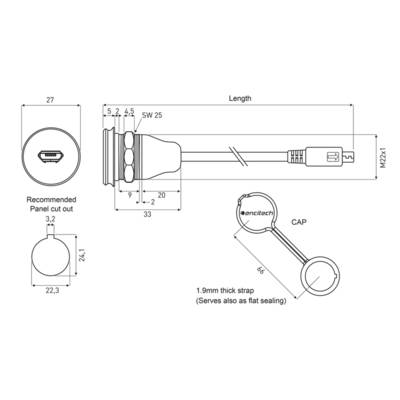 'Technical drawing of a plug with cap and dimensions. Details: Length, SW 25, M22x1 thread, 1.9 mm thick band.'