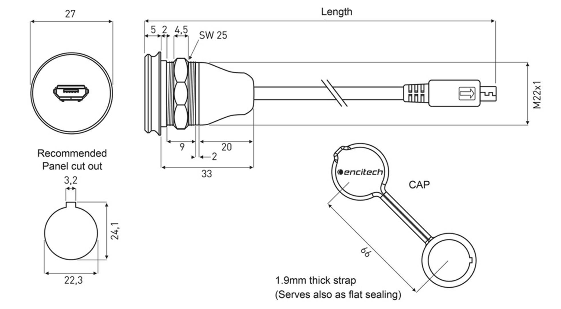 Technical drawing of a connector with dimensions. Shows cable routing, plug type, recommended cut-out size, and sealing cap.