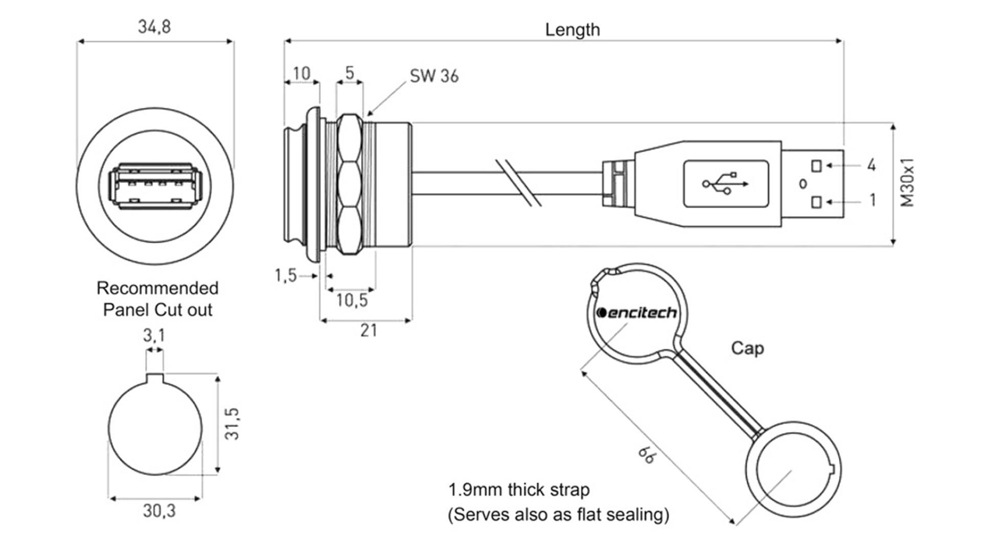 'Technical drawing of a USB plug with dimensions and mounting instructions, including panel cut-out and cable information.'