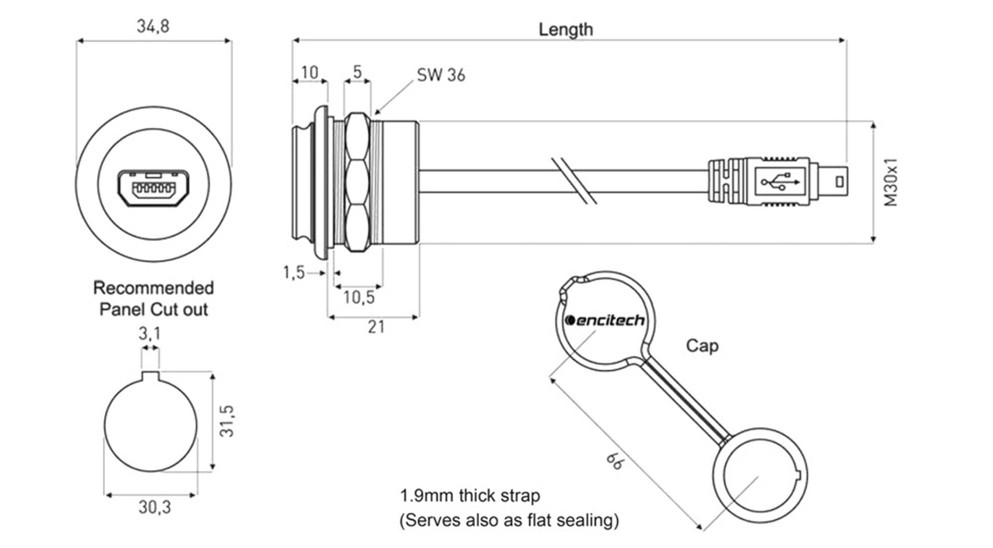 Technical drawing of a USB connection with dimensions and protective cap. Includes measurements for 'Recommended Panel Cut out', 34.8 mm length.