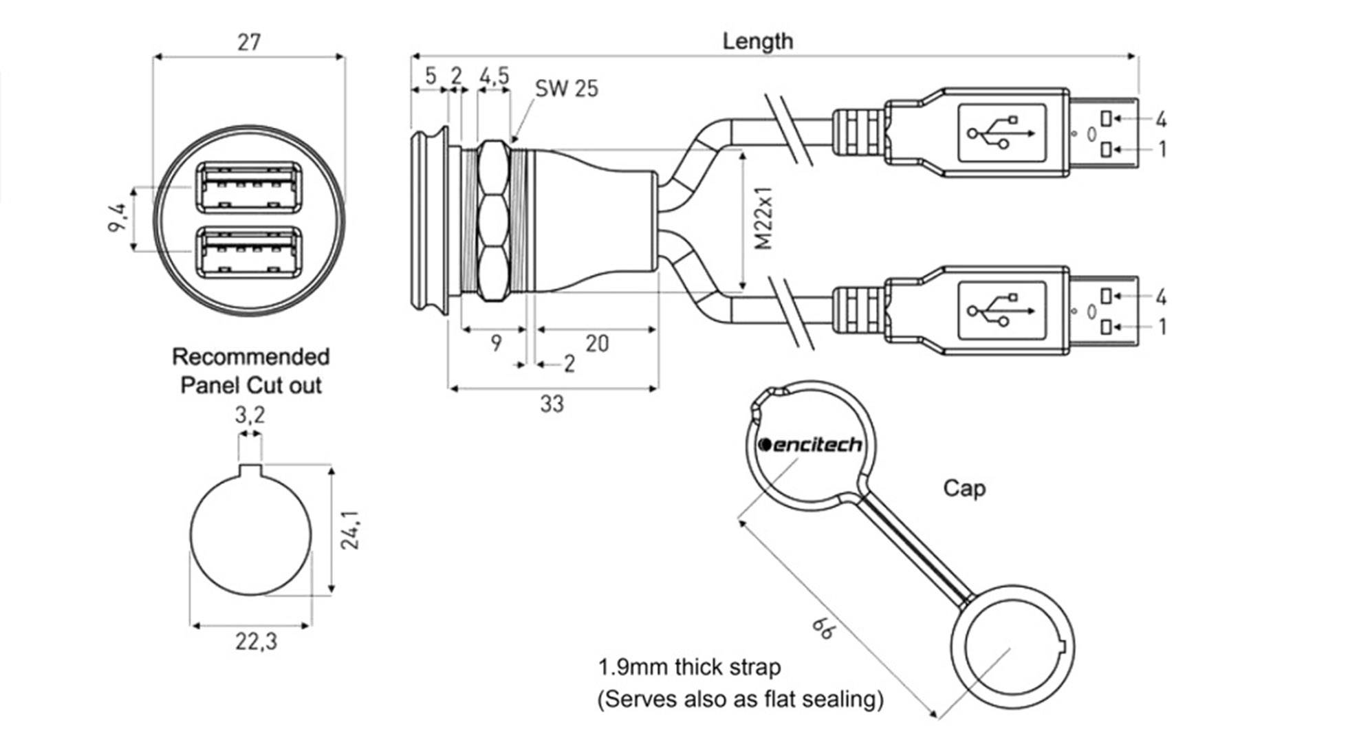 Technical drawing of a USB connection with dimensions. Shows plug and cable, with dimensioning for panel cut-out and cover with strap.