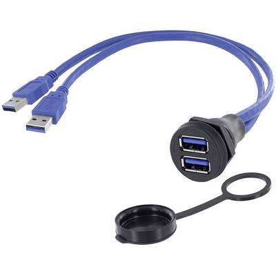 A blue USB 3.0 cable with two plugs and a black double coupling, suitable for connecting to devices or power supplies.