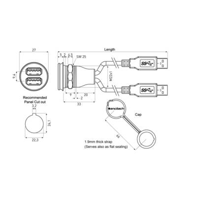'Diagram of a USB connection with dimensions. Shows side and top view. Including socket cover and mounting hardware.'