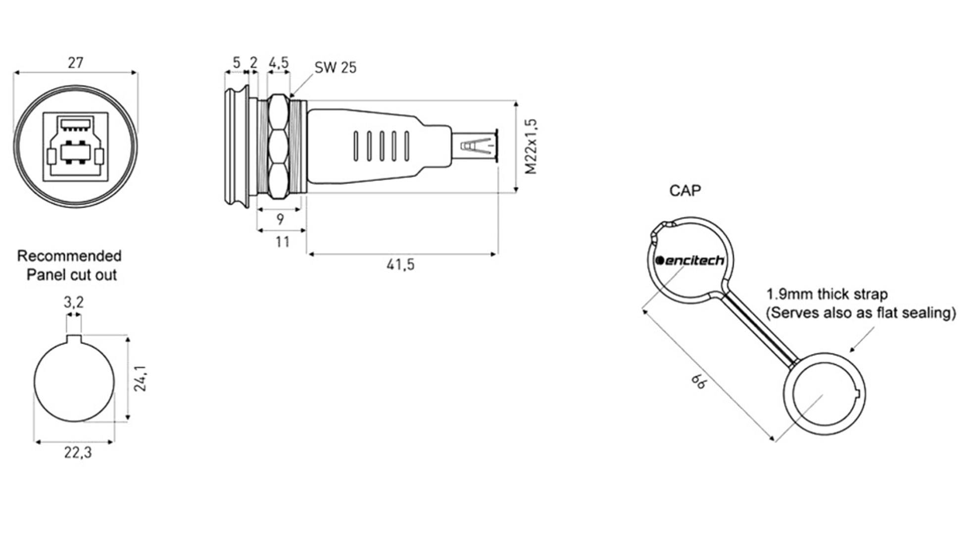 'Technical drawing of an RJ45 socket with recommended panel cutout and cover. Dimensions in mm. Details of the sealing properties of the cap.'