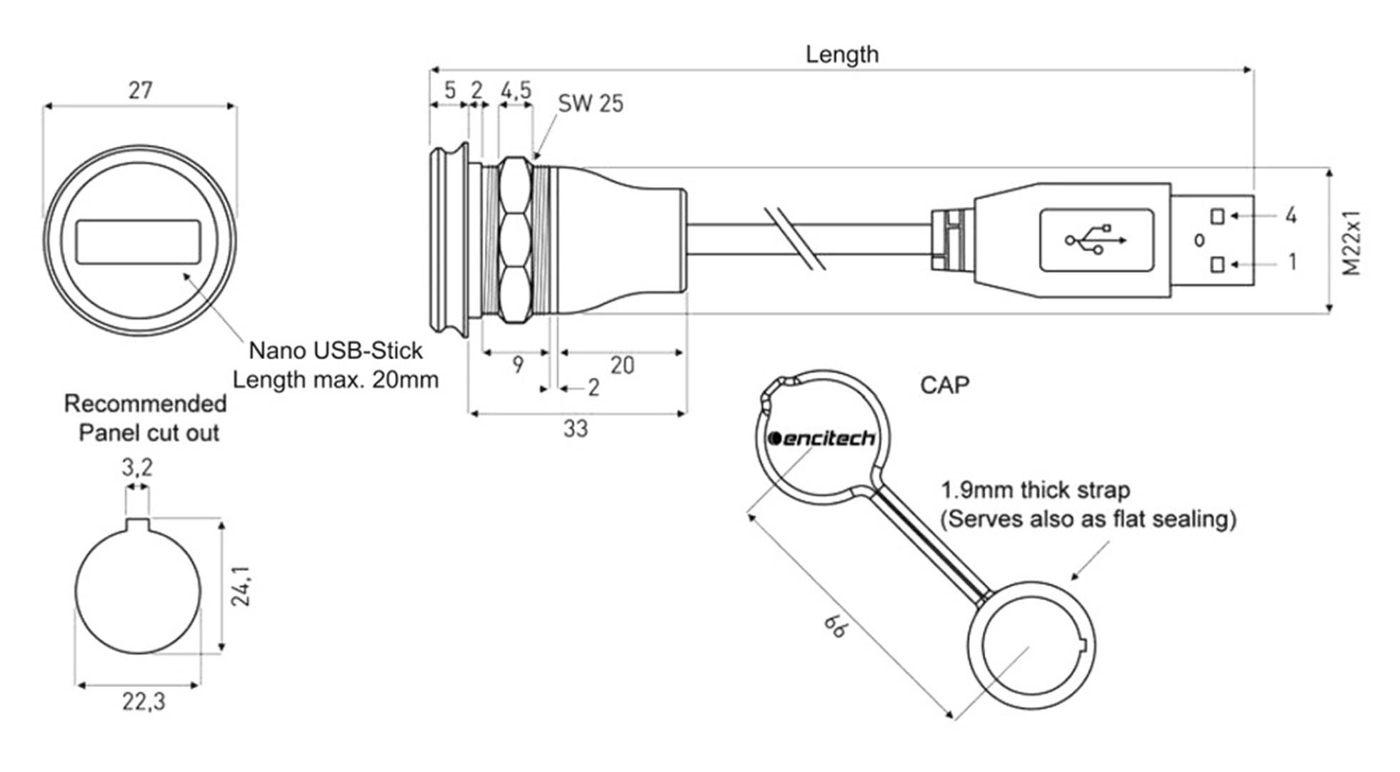 Technical drawing of a Nano USB stick with dimensions. Shows plug side, cap measurement, and recommended cut-out dimensions for installation.