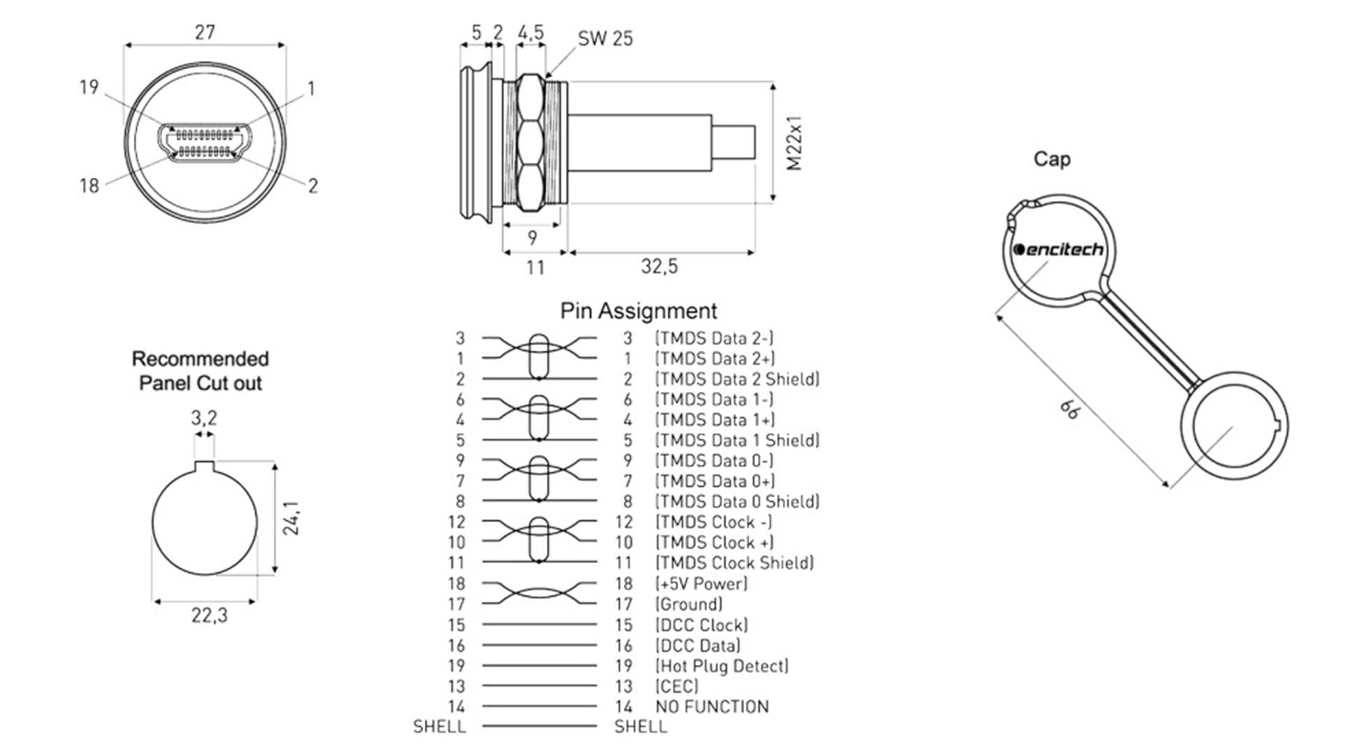 Technical drawing of a connector with dimensional specifications and pin assignment. Labels and diagrams show the function and mounting dimensions.