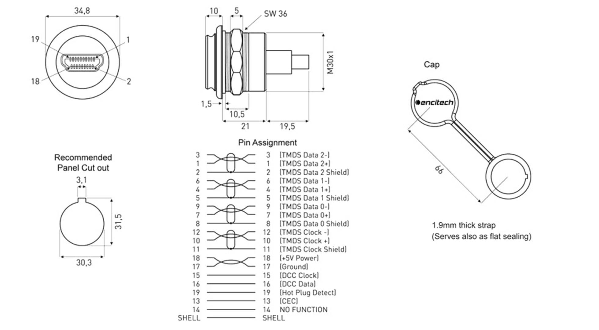 Technical drawing of a round plug with dimensions. Includes pin assignment, recommended cut-out size, and cross-sectional view of the plug.