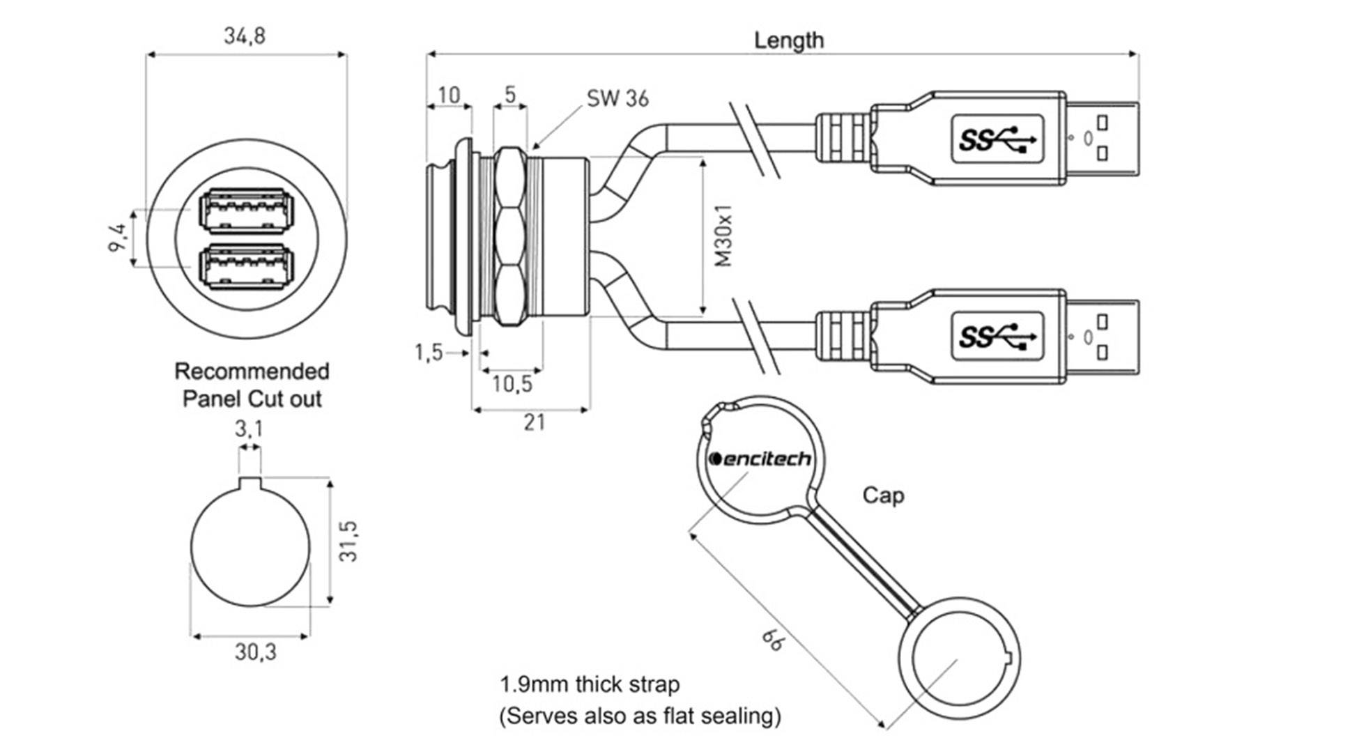 'Technical drawing of a USB cover with dimensions. Shows two USB ports, cables with markings, and a sealing lid.'