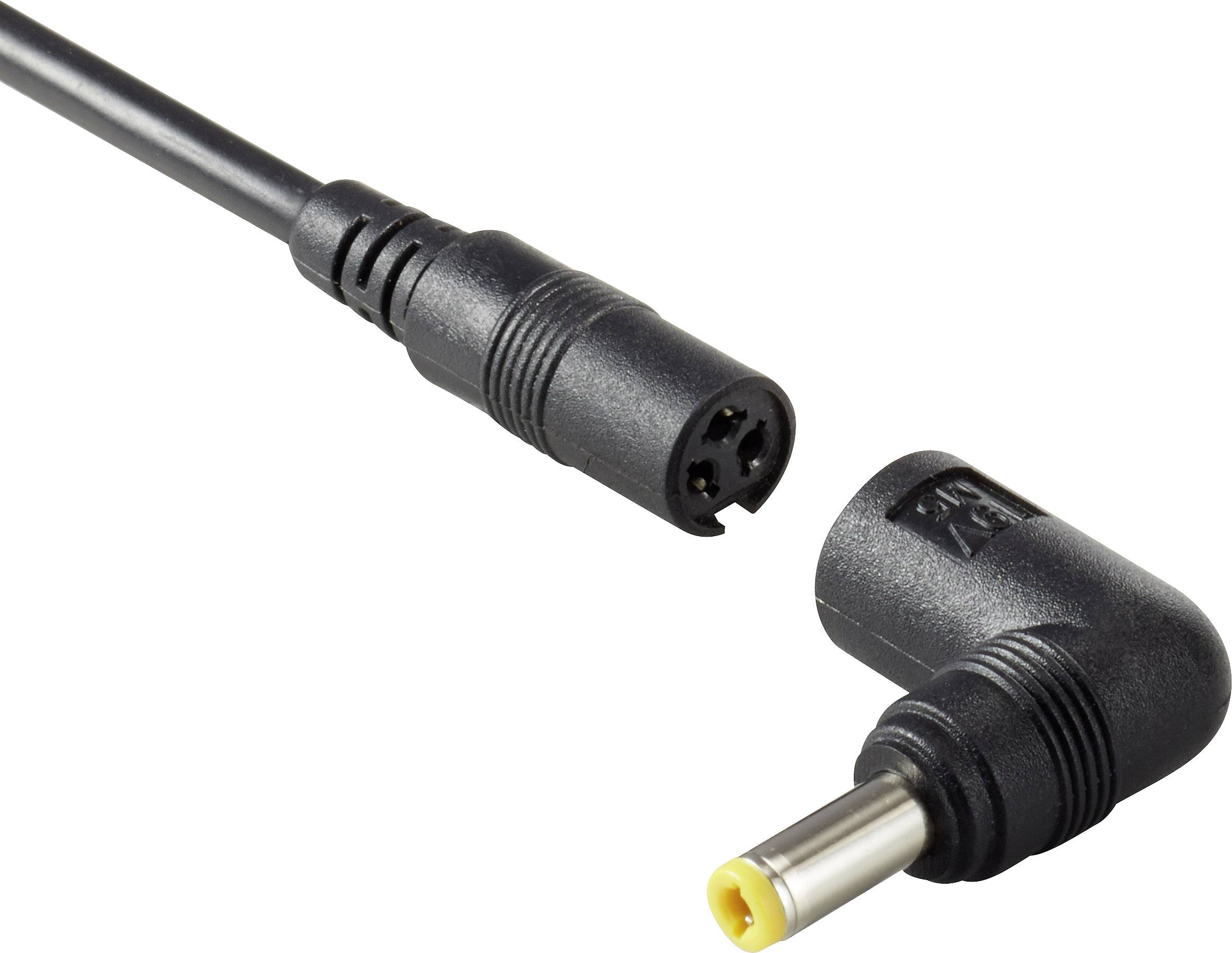 'A black round plug cable with two ends: a female connector on the left and a male right-angled plug on the right.'