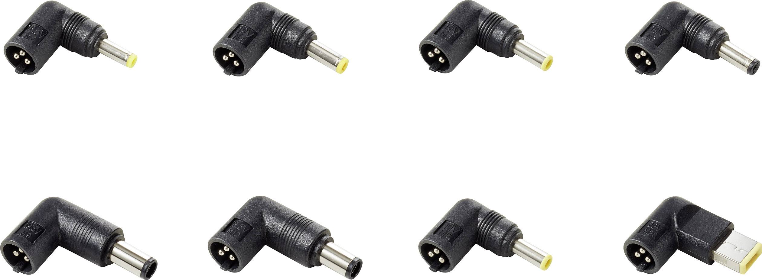 Eight different adaptor plugs with rectangular and circular design, including USB and various direct current connections.