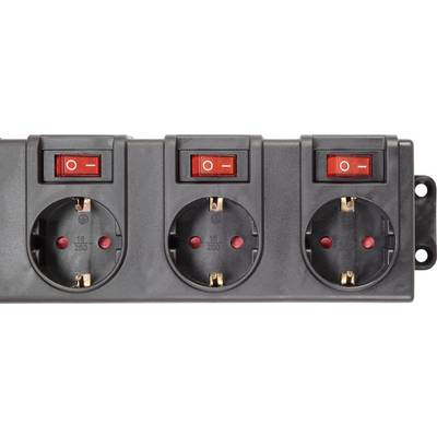 Triple socket strip with red switches for turning on and off, suitable for German plug types, with mounting holes.
