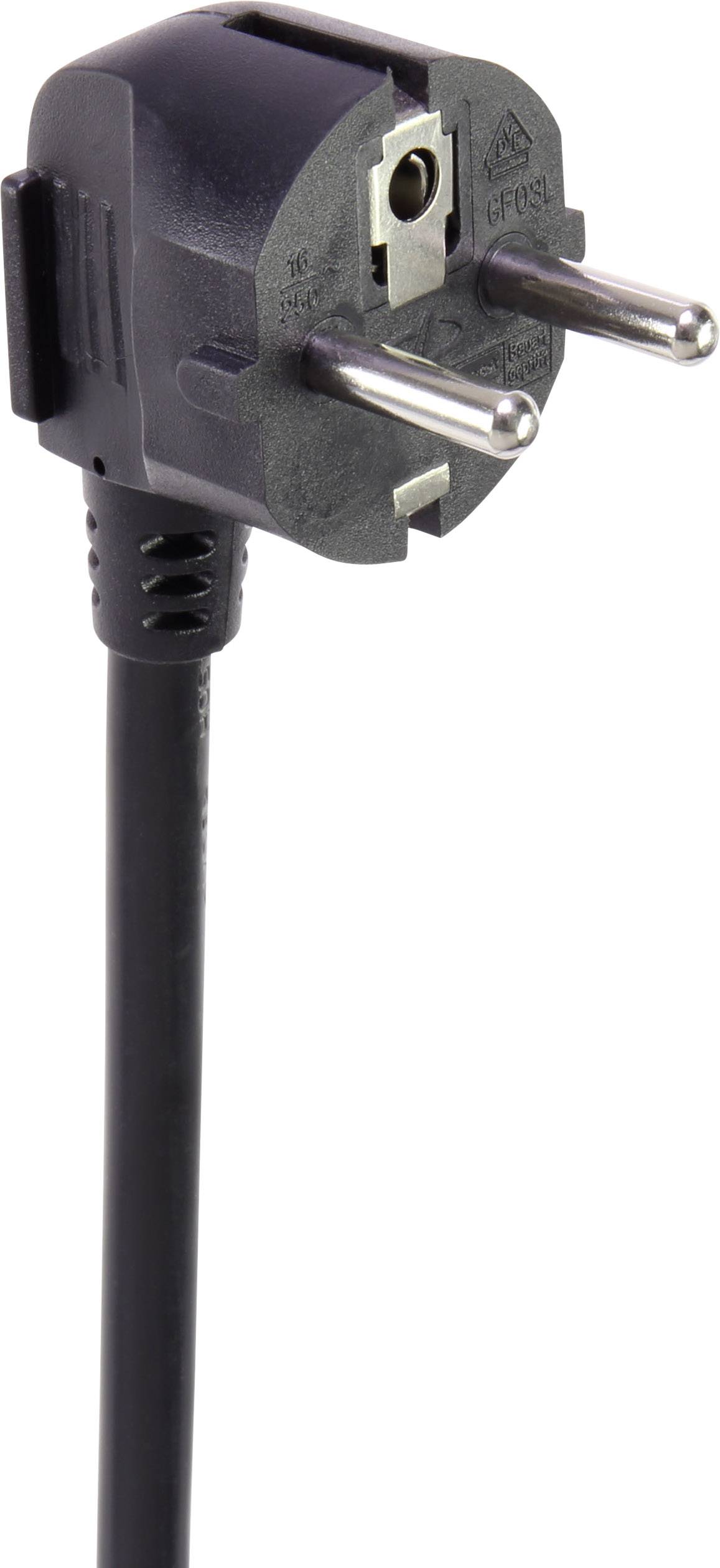 Black Europlug with two round pins and an earth contact, used for electrical devices in Europe.