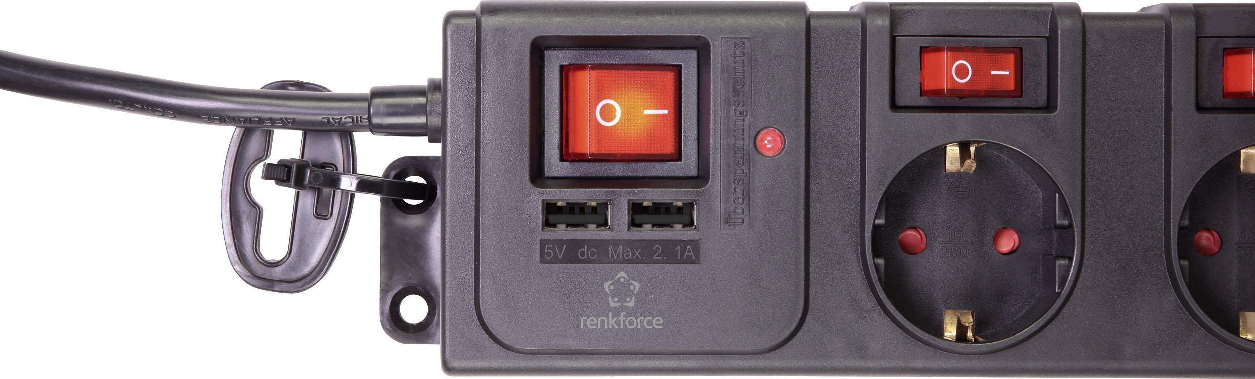 'Plug socket strip with illuminated switch, USB ports and two power sockets.'