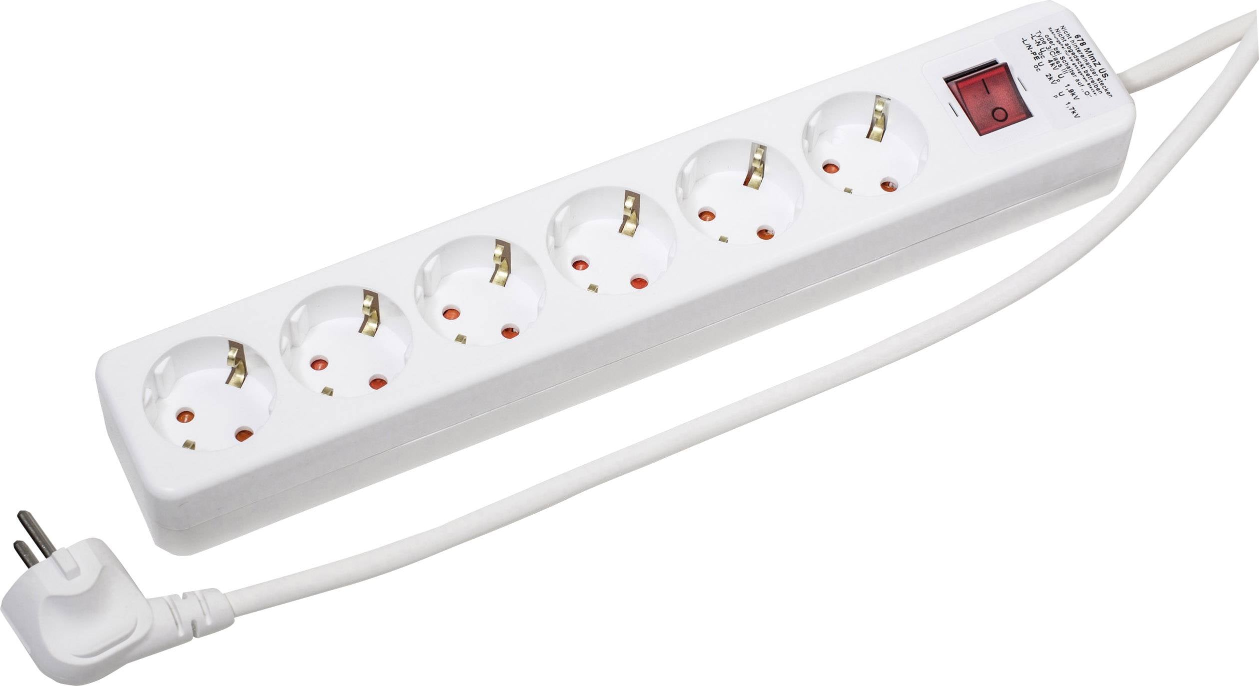 Multi-socket extension with six outlets and an on/off switch for power supply, connected to a white mains cable.