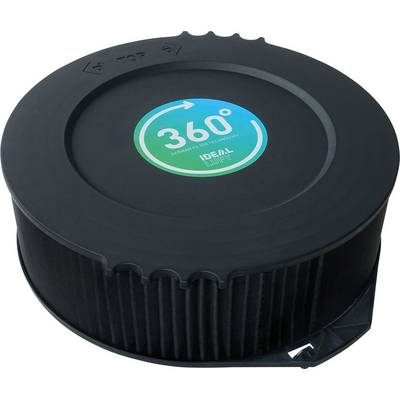 Black round filter with blue-green '360°' sticker. Serves as a filter element in technical devices for air purification.