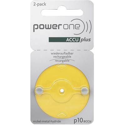 Two rechargeable hearing aid batteries 'power one ACCU plus', type p10, nickel-metal hydride in yellow blister pack.