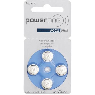 Four rechargeable 'Power One' batteries in a 4-pack, type p675 accu, nickel-metal hydride, on a blue tray.