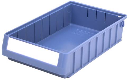 Blue plastic container with a ribbed edge and an open label area on the front side. Used for storage.